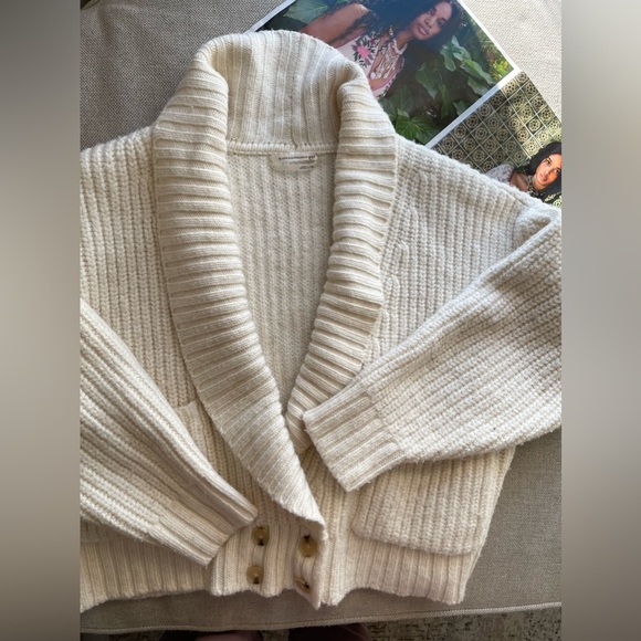 Anthropologie Deep-V Cardigan Sweater Wool Blend In Ivory Size L - Picture 12 of 12